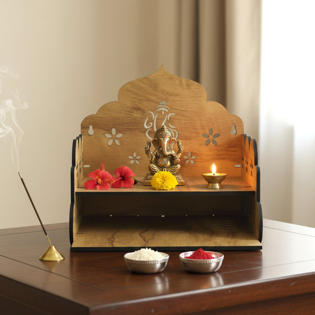 Wooden Home Mandir with Ganesha Design – Tabletop