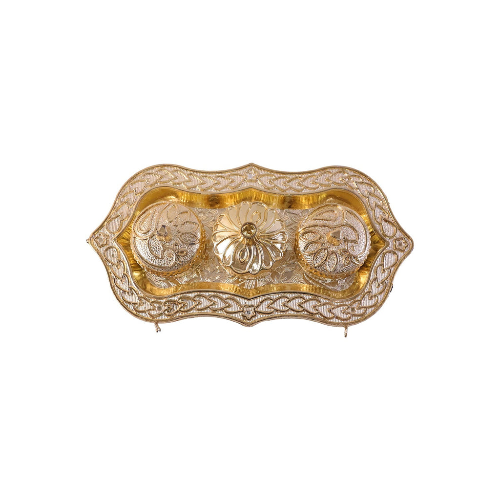 Complete Pooja Thali Set – Meenakari Thali, 8-inch Chowki & Kumkum Holder