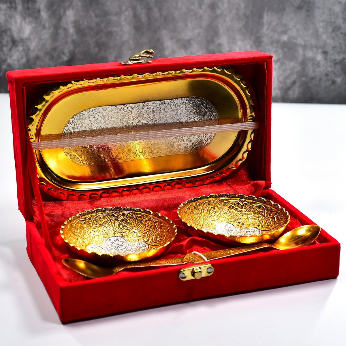 Gold & Silver Finish Serving Set in Red Velvet Gift Box