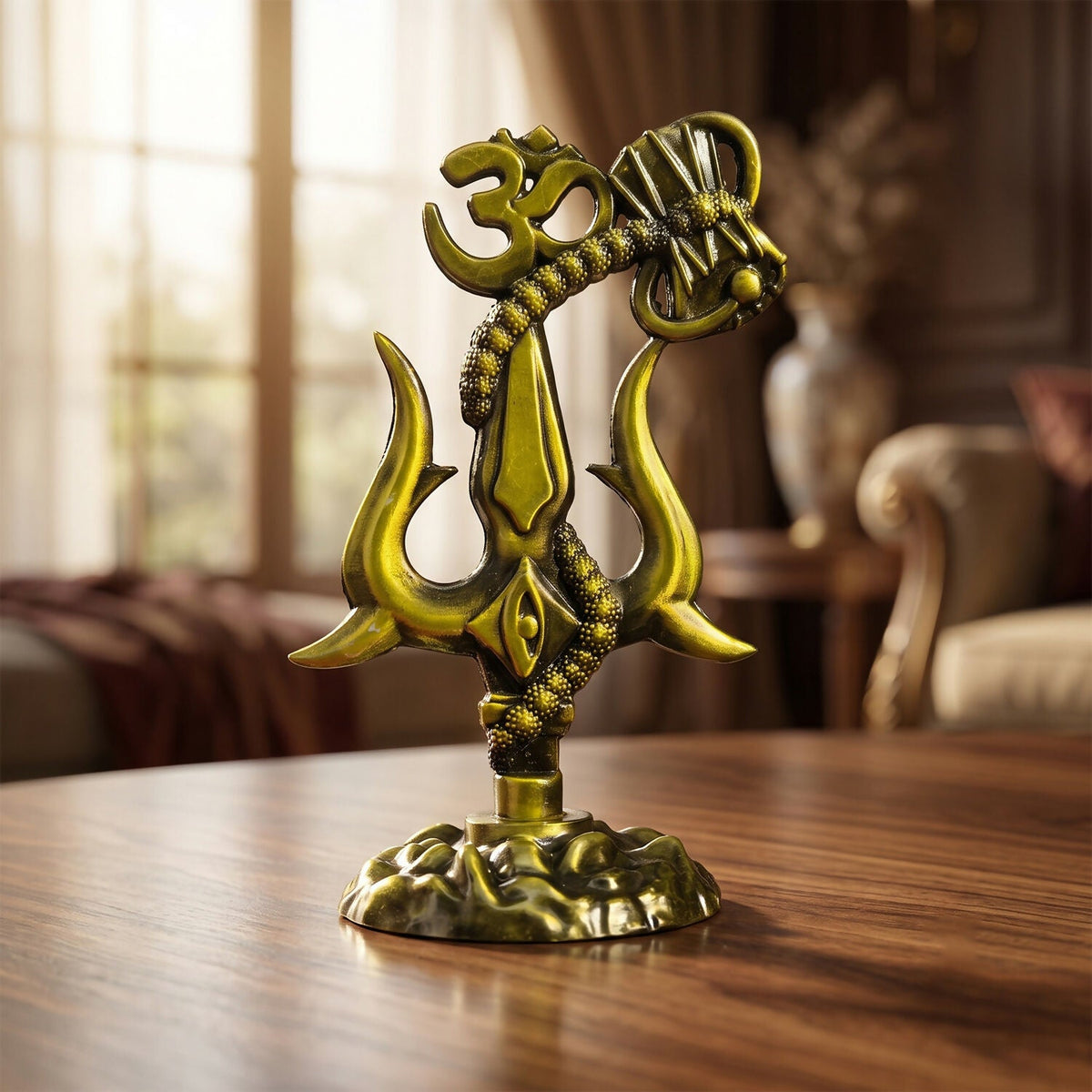 Om Trishul Damru Idol – Antique Gold Finish, 12 cm
