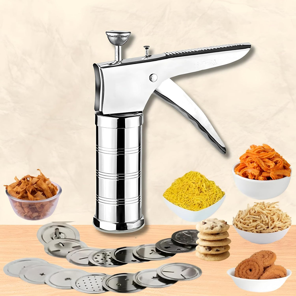 15-in-1 Stainless Steel Kitchen Press – Murukku, Chakli & Sev Maker