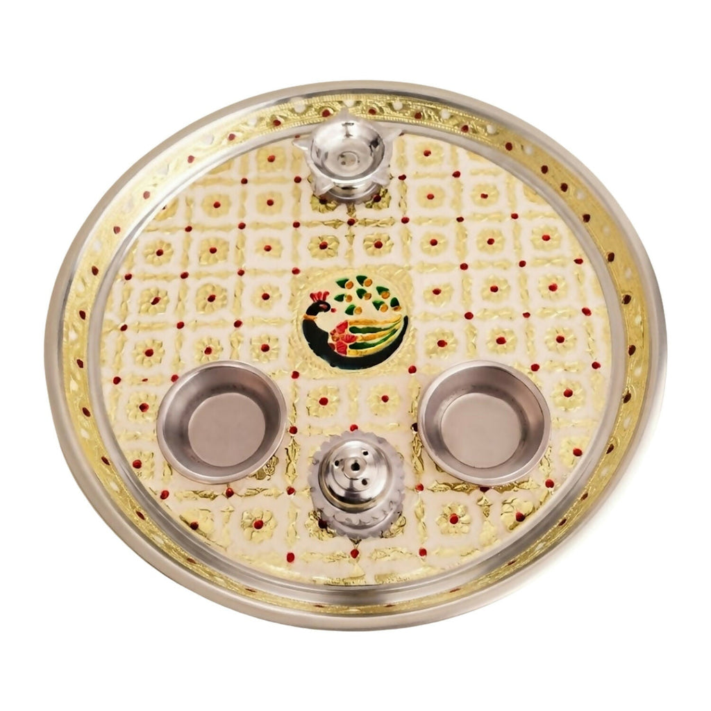 Complete Pooja Thali Set – Meenakari Thali, 8-inch Chowki & Kumkum Holder
