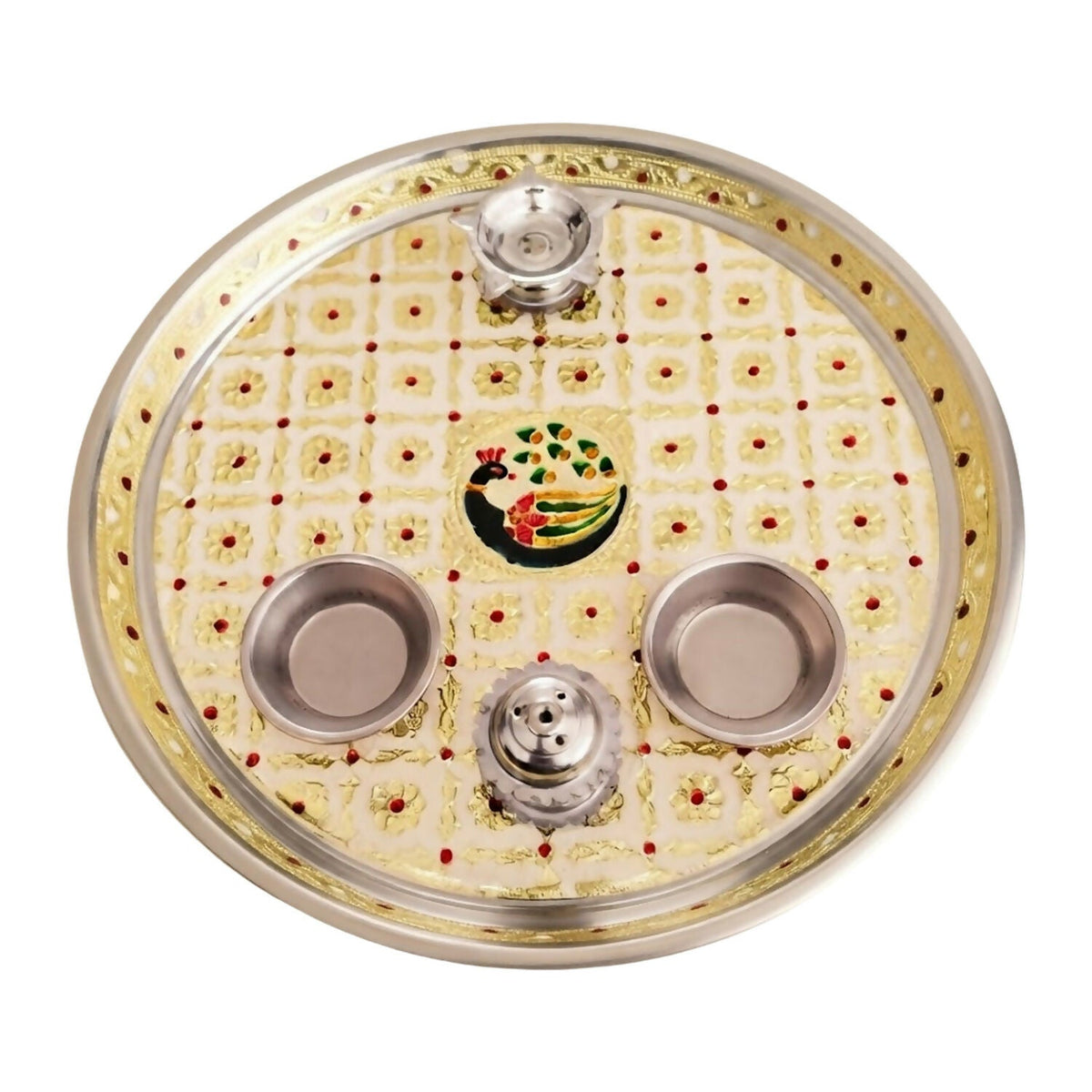 Complete Pooja Thali Set – Meenakari Thali, 8-inch Chowki & Kumkum Holder