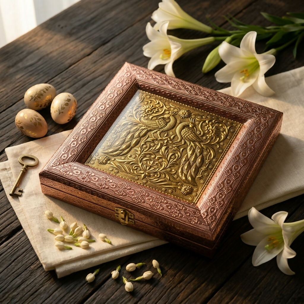 Peacock Embossed Dry Fruit Box – 8 × 8 inch