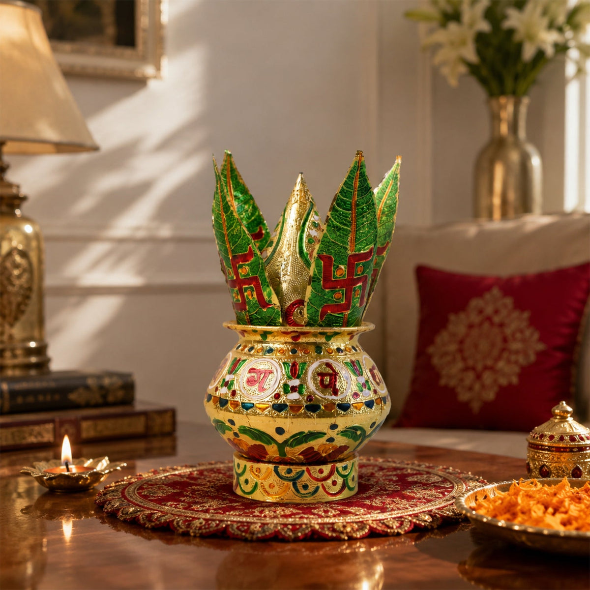 Decorative Pooja Kalash with Lotus Crown – 22 cm