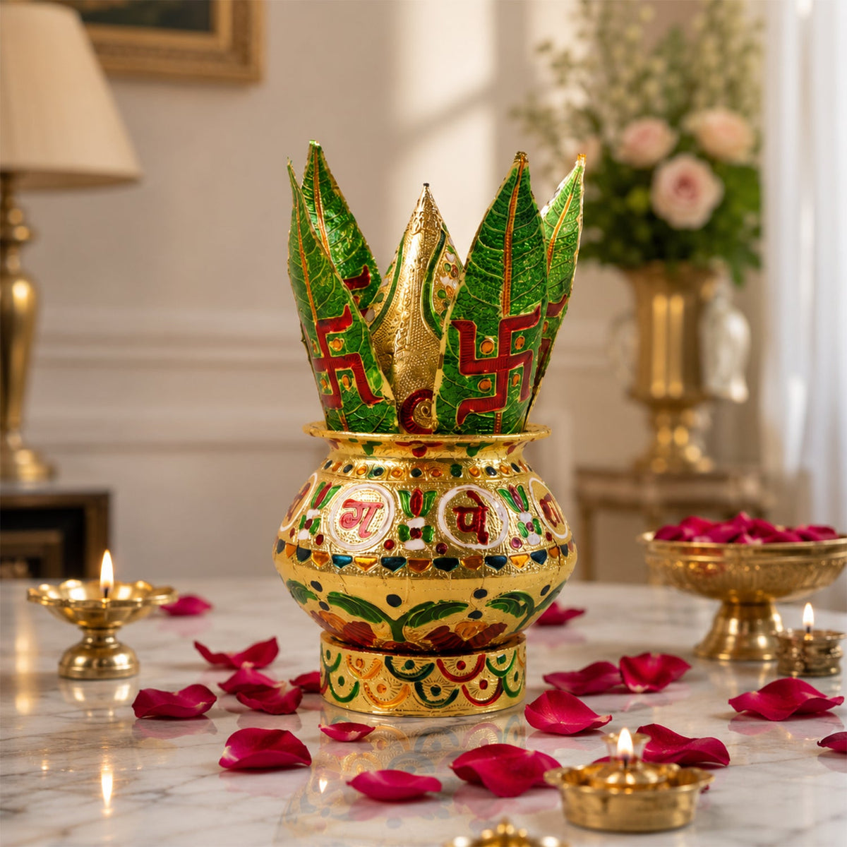 Decorative Pooja Kalash with Lotus Crown – 22 cm