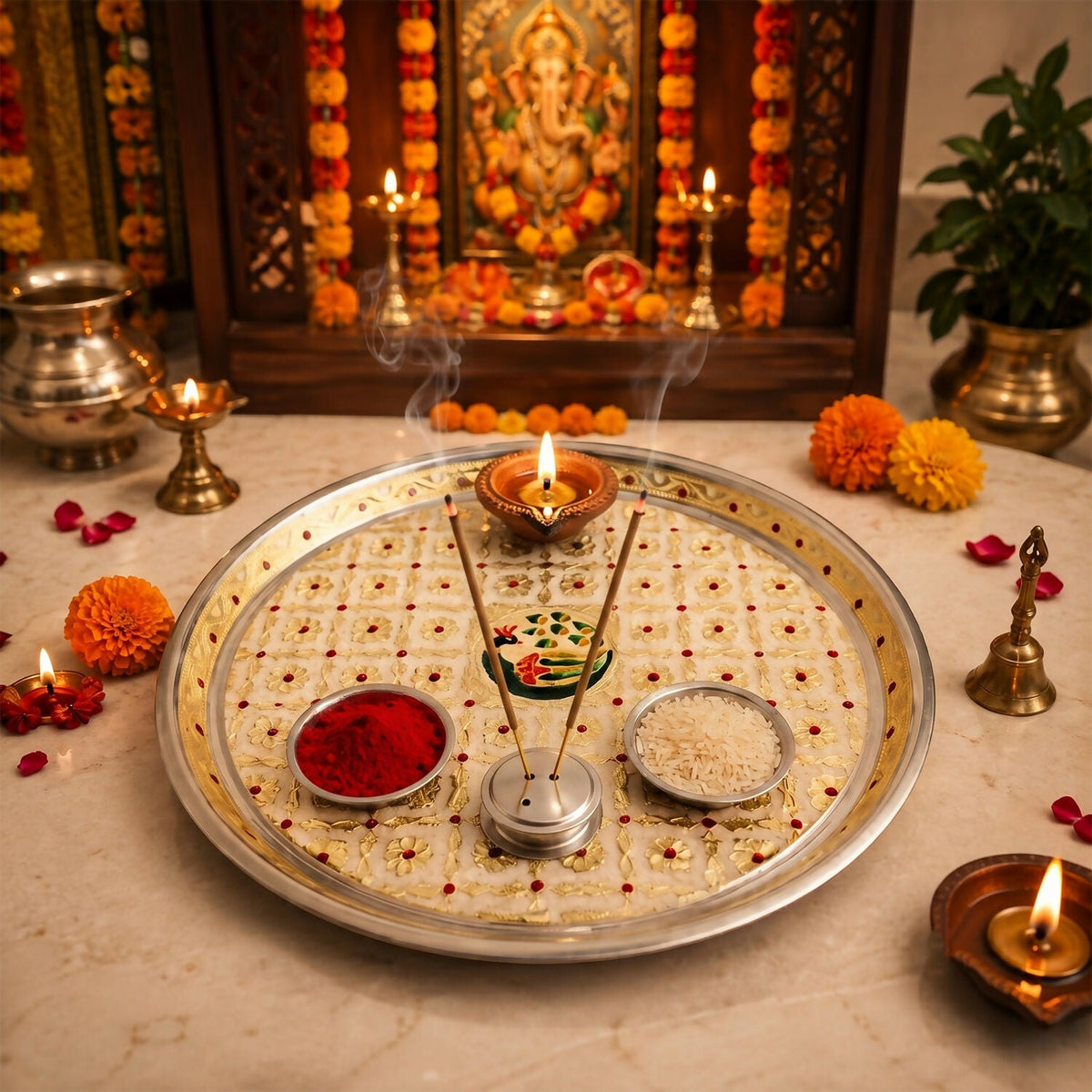 Complete Pooja Thali Set – Meenakari Thali, 8-inch Chowki & Kumkum Holder