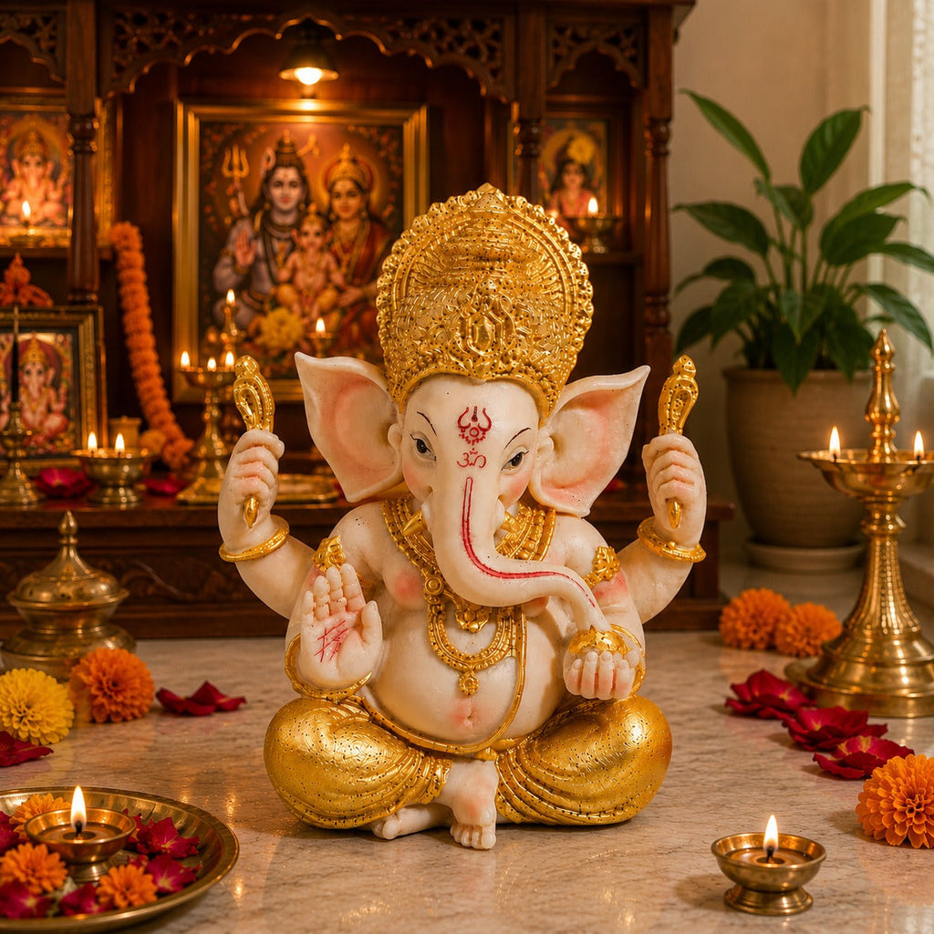 Pooja Essentials Set – Ganesha Idol & Wooden Kapoor Dani