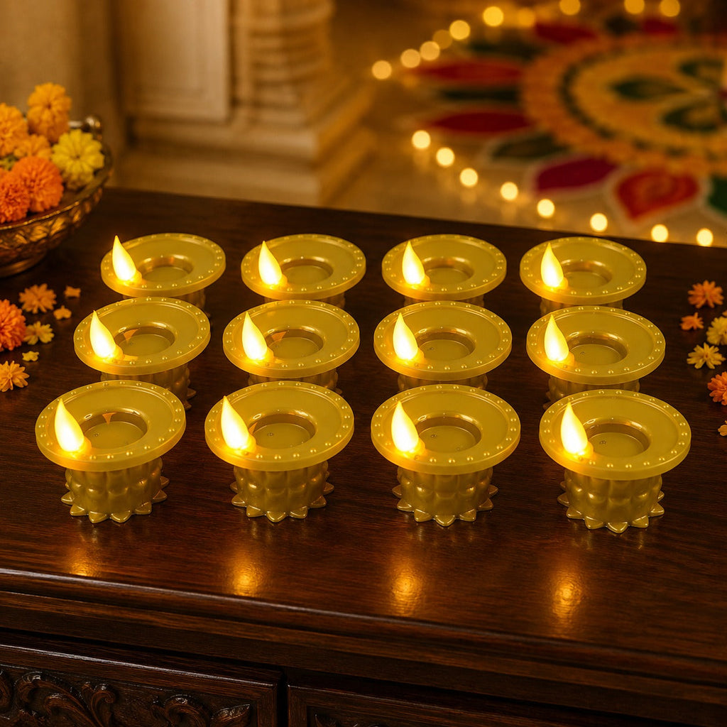 Water-Sensor LED Diyas – Set of 12, Golden