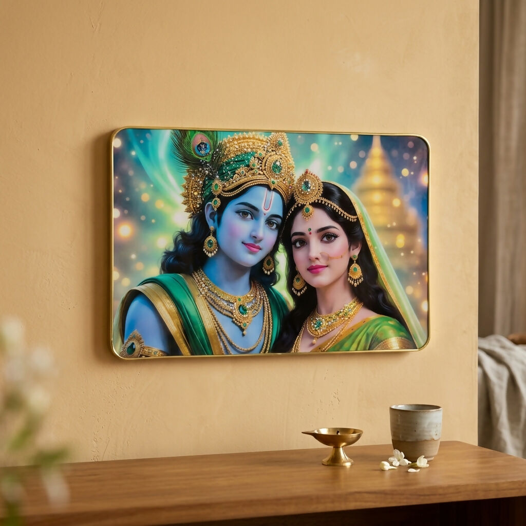 Radha Krishna Gold-Framed Picture – For Mandir & Wall