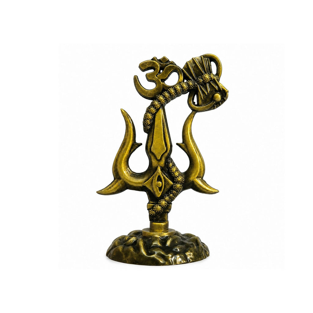 Om Trishul Damru Idol – Antique Gold Finish, 12 cm
