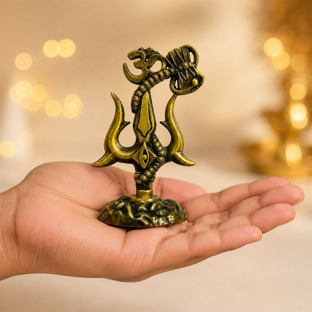 Om Trishul Damru Idol – Antique Gold Finish, 12 cm