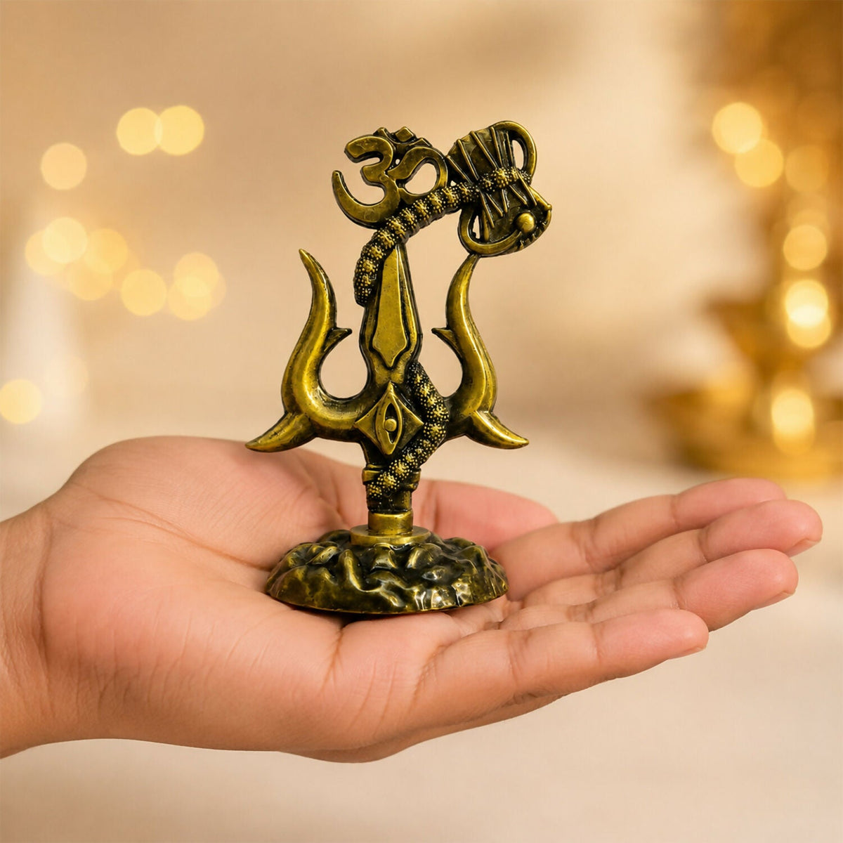 Om Trishul Damru Idol – Antique Gold Finish, 12 cm