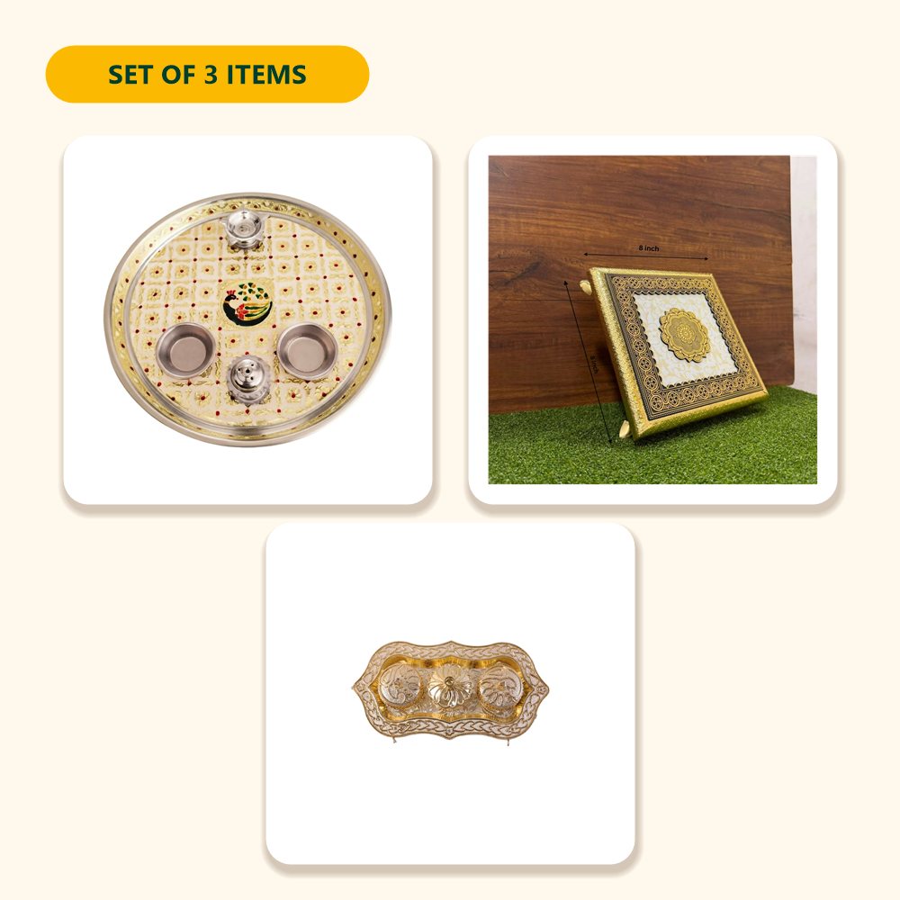 Everything in the Complete Pooja Thali Set – Meenakari Thali, 8-inch Chowki & Kumkum Holder