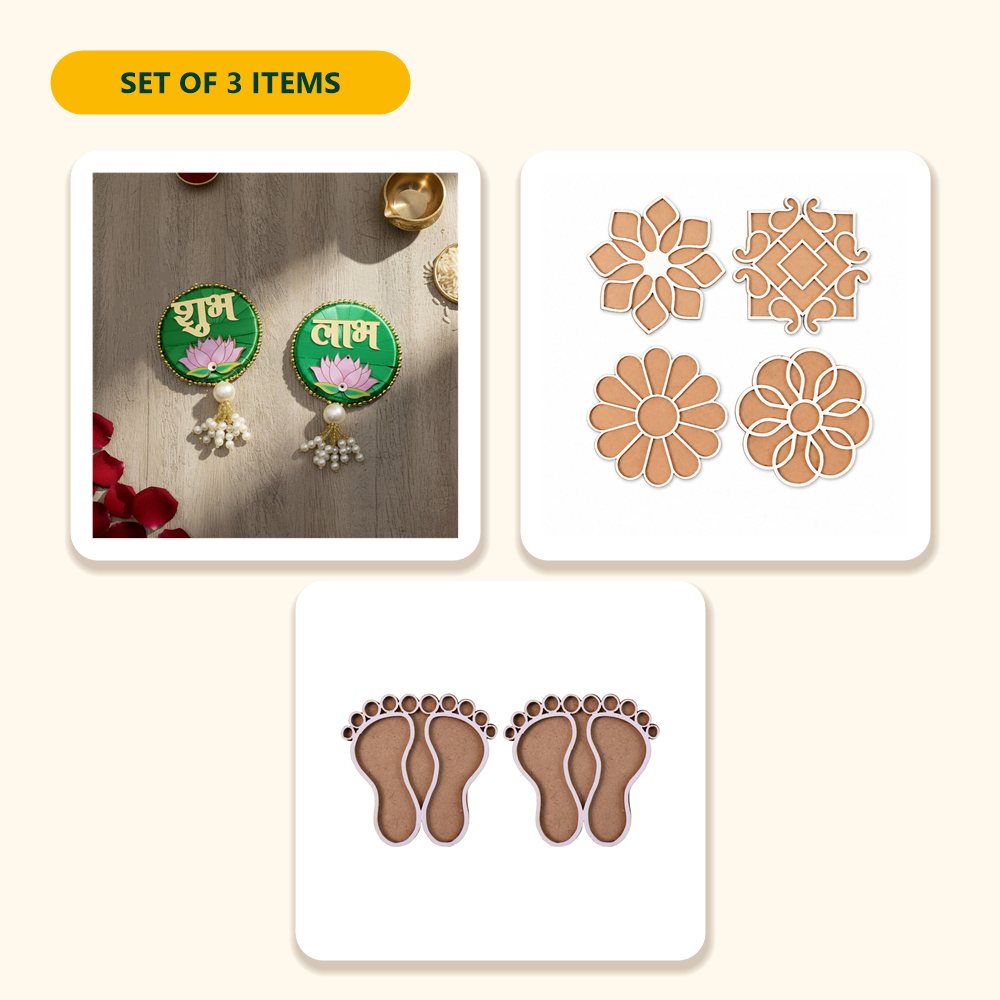 Everything in the Diwali Door & Rangoli Set – Shubh Labh Hanging & Rangoli Stencils