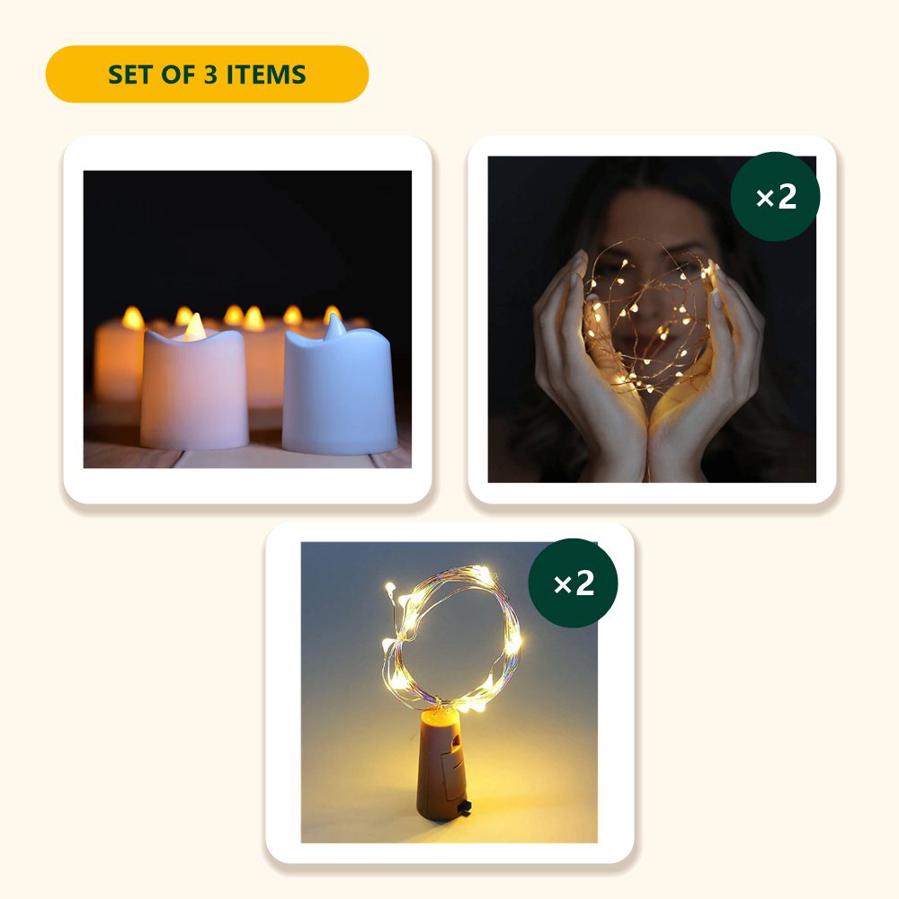 Everything in the Diwali Light-Up Set – 24 Tea Lights, 2 Fairy Lights & 2 Bottle Lights