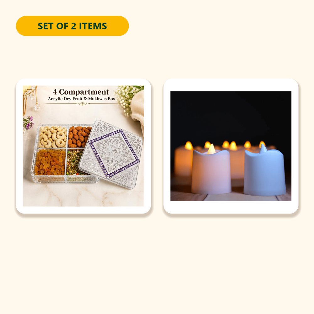 Everything in the Festive Welcome Set – Dry Fruit Box & 24 LED Tea Lights