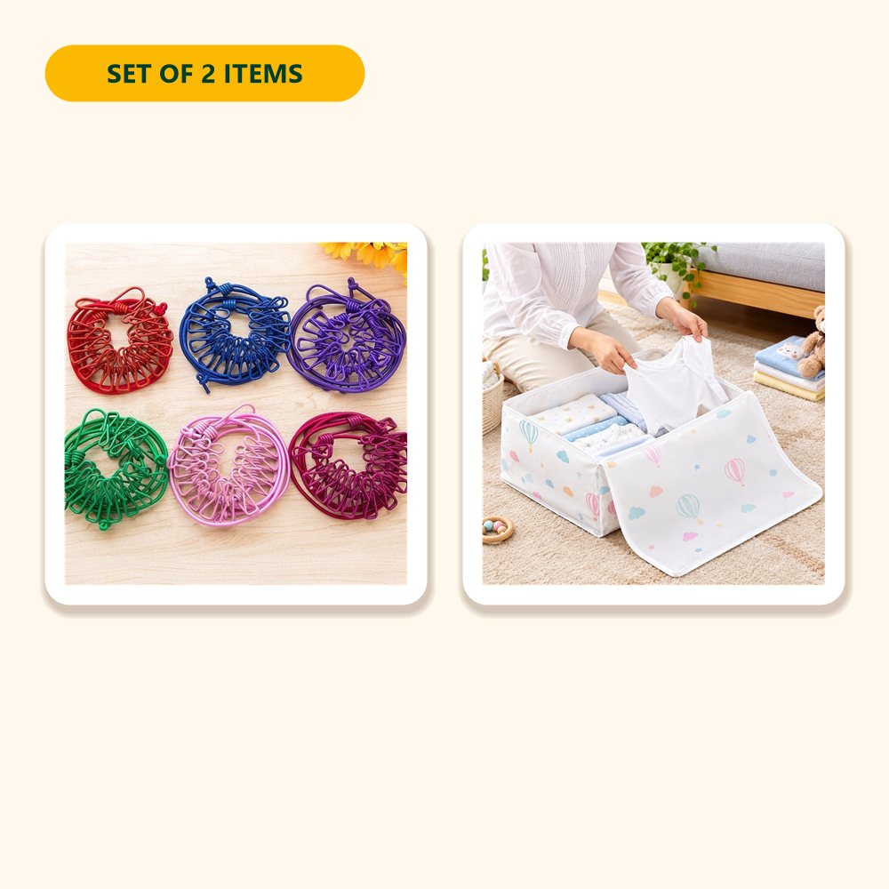 Everything in the Laundry & Storage Set – 12-Clip Drying Rope & Quilt Storage Bag