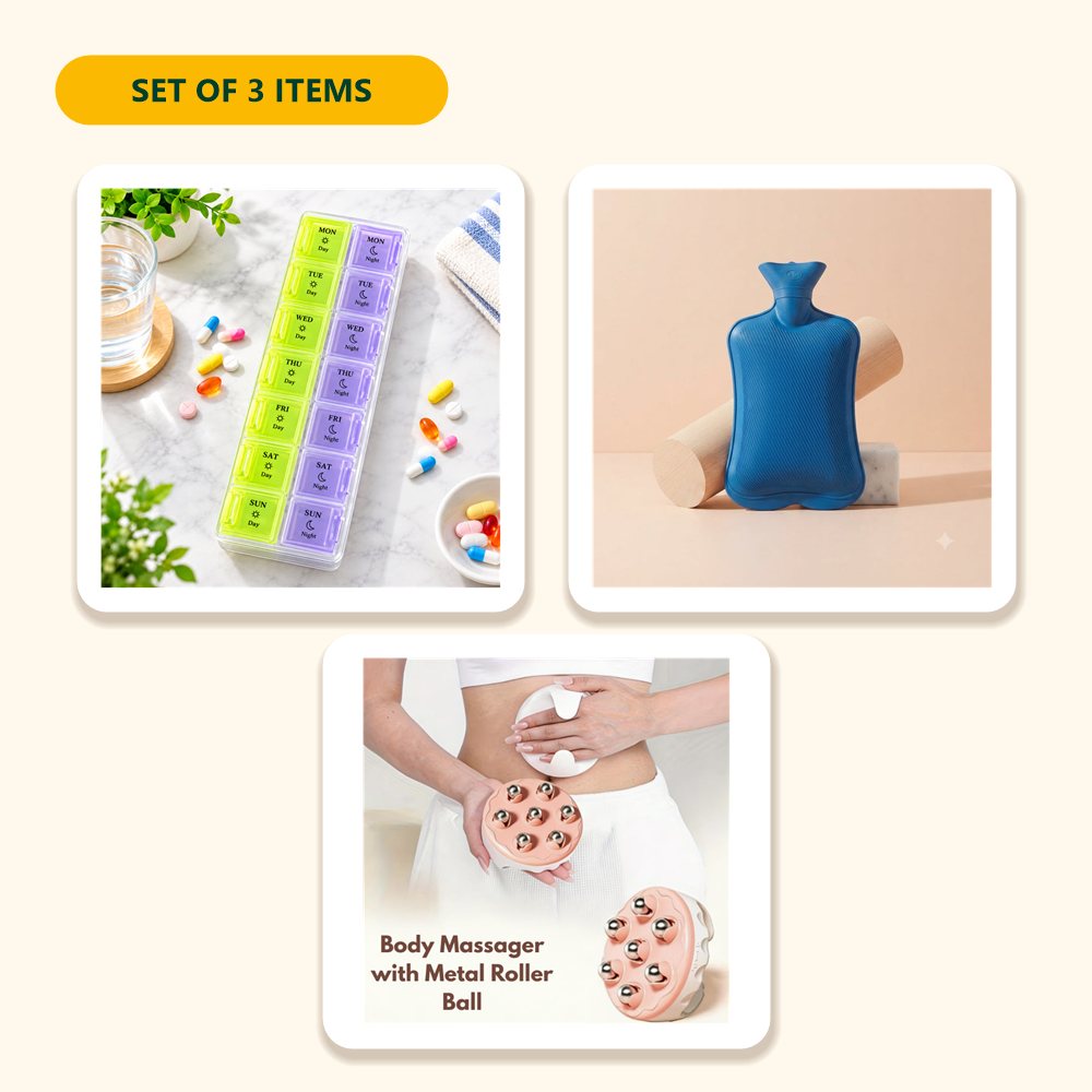 Everything in the Parents' Care Kit – Pill Box, Hot Water Bag & Massager