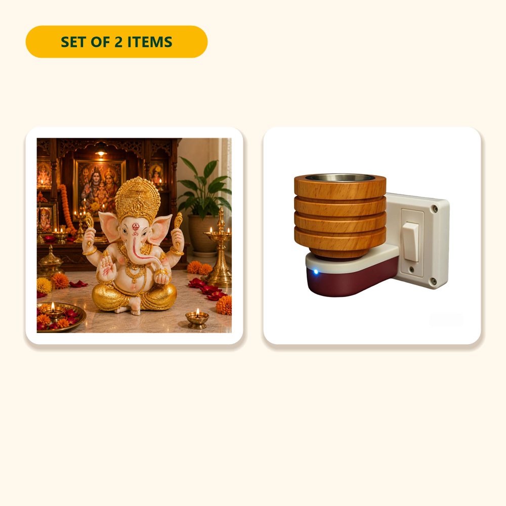 Everything in the Pooja Essentials Set – Ganesha Idol & Wooden Kapoor Dani
