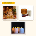Everything in the Pooja Gift Box – Ganesha Idol, Kapoor Dani & 24 LED Tea Lights