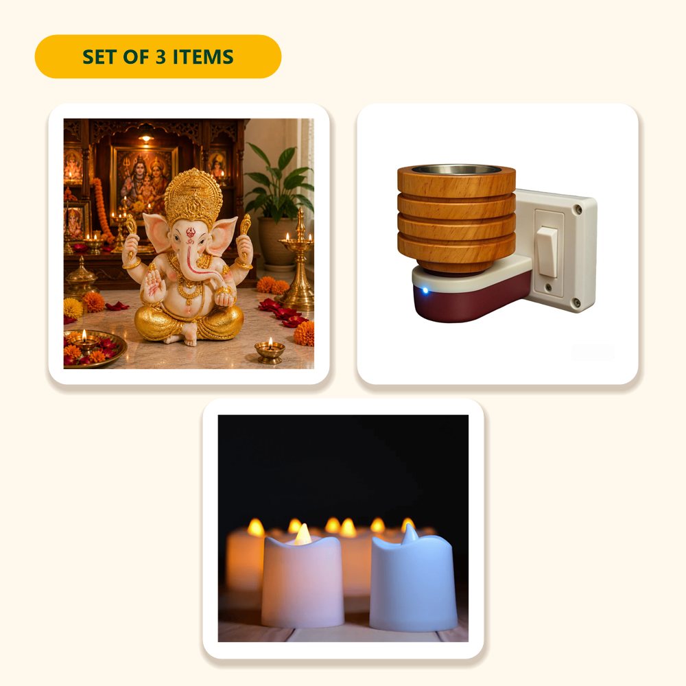Everything in the Pooja Gift Box – Ganesha Idol, Kapoor Dani & 24 LED Tea Lights