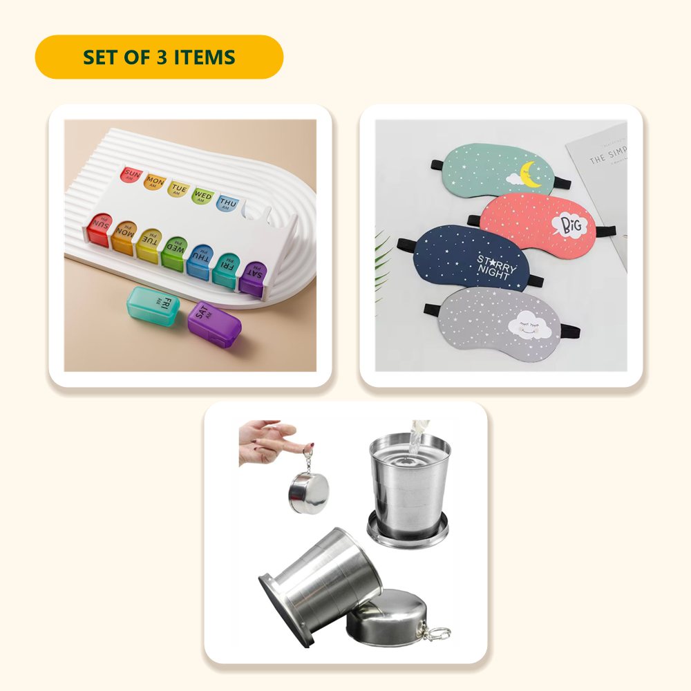 Everything in the Travel Care Kit – Pill Organiser, Eye Mask & Folding Steel Cup