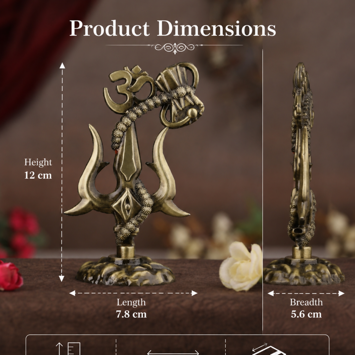 Om Trishul Damru Idol – Antique Gold Finish, 12 cm